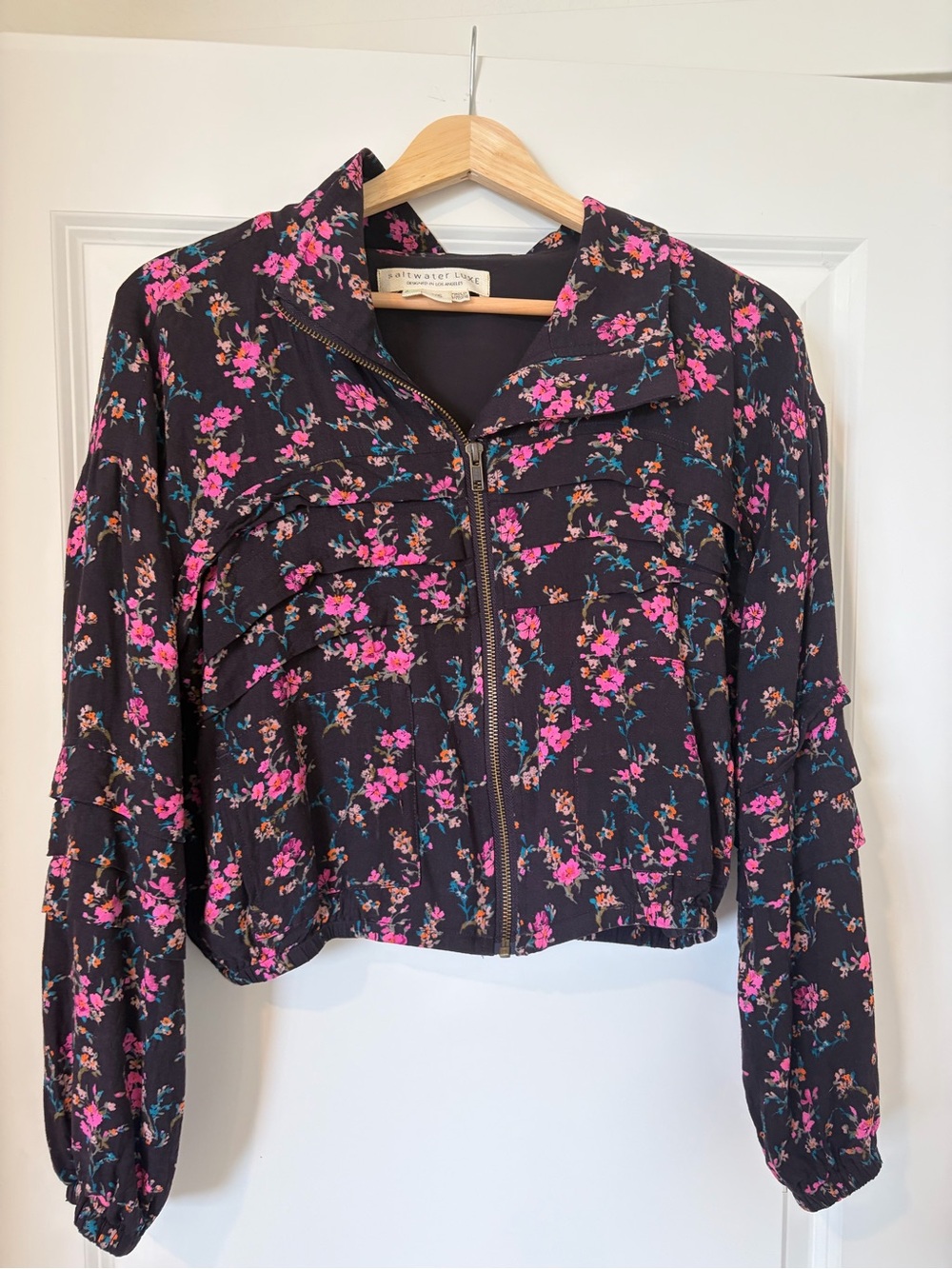 saltwater LUXE Black Bomber Jacket with Pink Floral Print